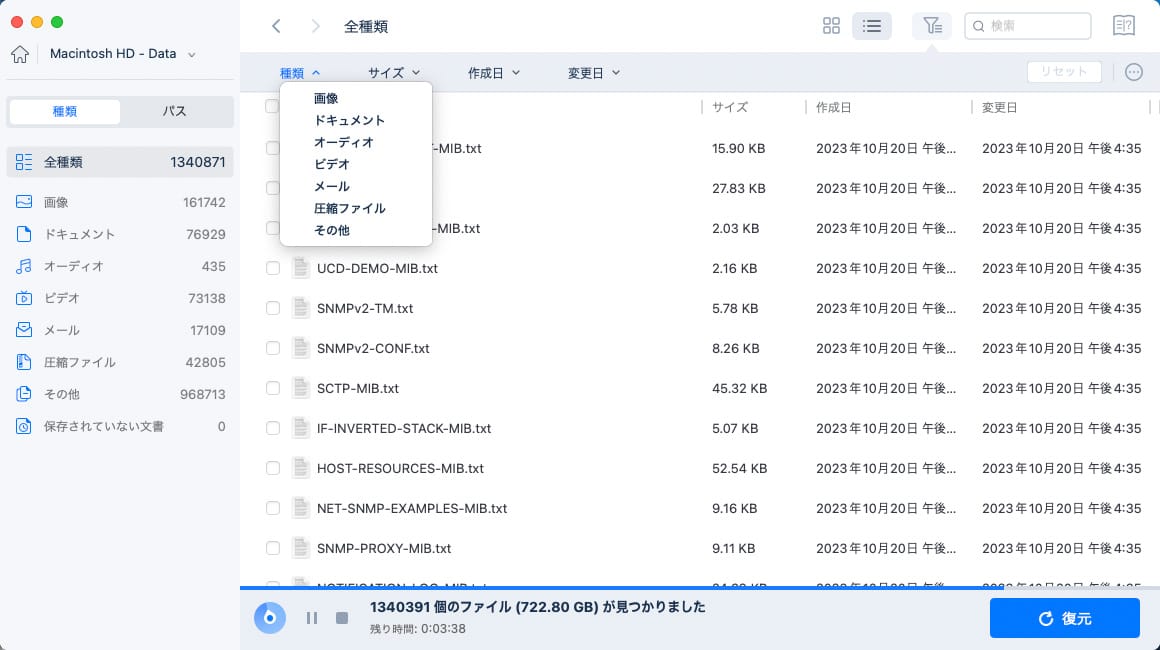 ファイル種類によるフィルタリング
