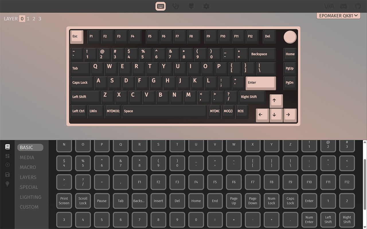 EPOMAKER QK81 レビュー/可愛すぎる75%レイアウトメカニカルキーボード。ノブ付きで音量調節もでき、打鍵感も良好 33 QMK/VIA対応